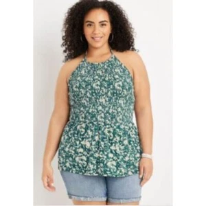 Sexy Smocked Halter Tank TOP 3X Dark Green Floral Swing High Neck Maurices NEW - Picture 1 of 9