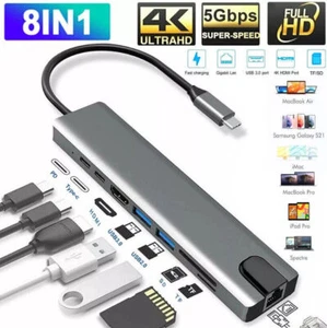 8 in 1 USB C Hub Adapter HDMI 4K USB 3.0 Micro SD Network for PC HDTV Notebook - Picture 1 of 12