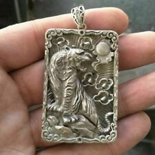 Old China Tibet Silver Handmade Force Tiger Statue Amulet Necklace Pendant Gift