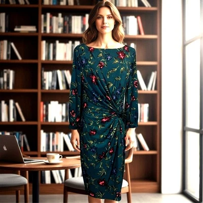 Vestido Lauren Ralph Lauren Imitación Envolvente Nuevo con Etiquetas Talla 12 Verde Floral Manga 3/4 Midi Forrado Foto 1 de 4