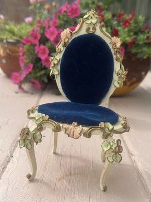 VTG Spielwaren Germany Rococo Dollhouse Furniture Blue Velvet Chair Puppen mobel - Image 1 of 4