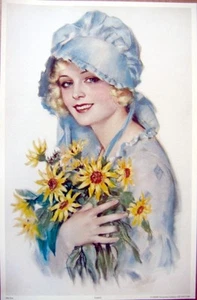 art print~DAISY~Lady in Blue Bonnet/Dress with flowers bouquet vtg repr 9.5x14.5 - Picture 1 of 1