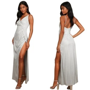 Lulus Silver Wrap Maxi Dress XL NWT Sparkle Open Back Semi Formal Goddess Long - Picture 1 of 12
