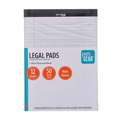  Wide Ruled Legal Pads, 8.5"x11", White, 50 Sheets, 12 Pack - Image 1 of 4