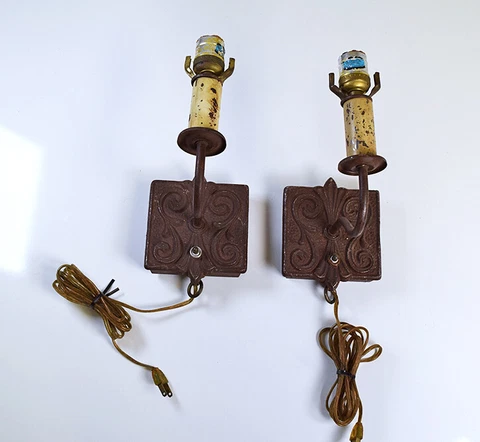 Pair Vintage Metal Electric Wall Sconces MCM Art Deco Lighting Fixtures w/Cords Cover