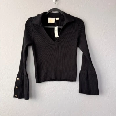 Nuevo con etiquetas Suéter Maeve Anthropologie Manga Campana Tejido Acanalado Top Botón Dorado M Pequeño Foto 1 de 4