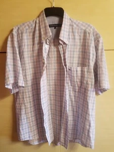 New TOMMY HILFIGER L White Blue Red Thin Cross Lines Short Sleeve Cotton Shirt - Picture 1 of 5