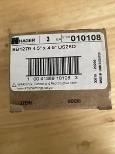 New HAGER BB1279 Hinges4.5" x 4.5" US26D Finish with Screws Box of 3 Hinges - Picture 1 of 3