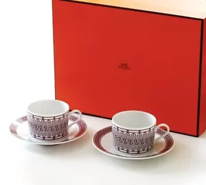 Hermes H Deco Red Tea Cup Saucer Tableware 2 set Coffee Cafe Latte Auth New Box - Picture 1 of 8
