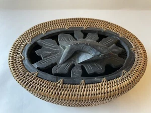 Vintage Native Lombok Island Indonesia woven basket Rattan carved wood fish Hand - Picture 1 of 9