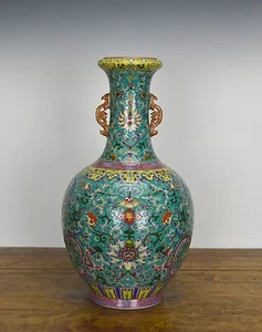Superb Chinese Qing Jiaqing MK Enamel Floral Turquoise Ground Porcelain Vase - Picture 1 of 9