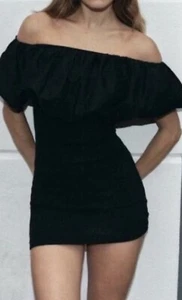 Zara Fitted Contrast Off The Shoulder Black Mini Dress Size S NWT - Picture 1 of 8