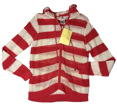 Chaqueta con capucha Quacker Factory para mujer talla L roja blanca a rayas cremallera completa nueva con etiquetas Foto 1 de 4