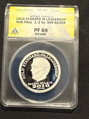 2010 Norfed Ron Paul $25 Liberty Coin, 1/2 oz .999 Silver Round ANACS PF69 DCAM - Image 1 of 2