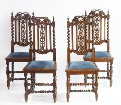 One of Four Antique Renaissance Wooden Chairs with Blue Velvet Seat Barley Twist - Image 1 of 4