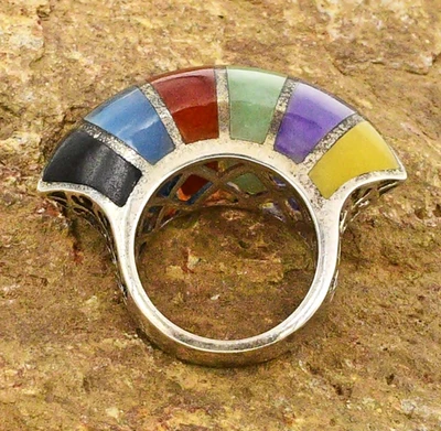Sterling Silver 925 Unique Rare NF Inlaid Gemstone Fan Ring Size 6.75 - Image 1 of 4