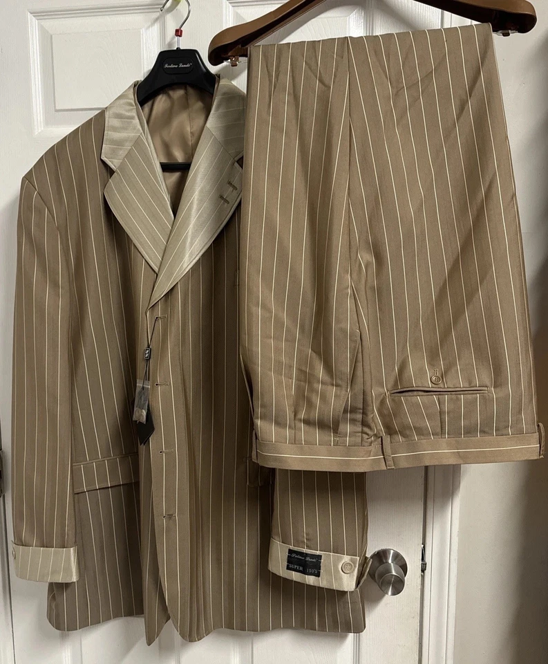 Traje Fortino Landi Para Hombre 3 Piezas Gángster Rayas 54R/48W con Chaleco Bronceado ¡VER FOTOS!! Foto 1 de 4