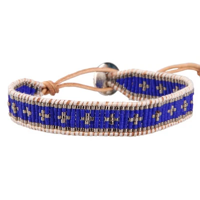 Crystal Seed Beaded on Genuine Leather Chain Handmade Charm Single Wrap Bracelet - Image 1 of 4