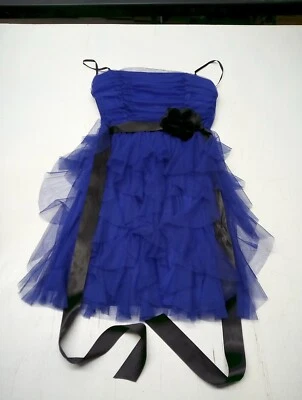 deb Blue Junior's Elastic Strapless Sheer Tiered Dress Size Medium USA Made - Image 1 of 4