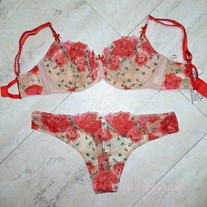 Victoria's Secret Dream Angels Conjunto Sujetador Sin Forro Bordado Rojo Floral Rosa Panty - Imagen 1 de 7