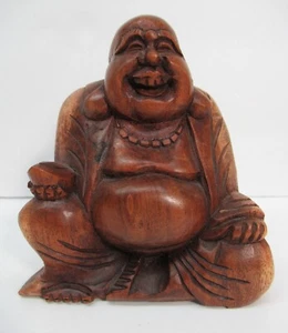 Happy Laughing Buddha Lucky Smiling Chinoiserie Wood Statue Hand Carved 4" - Picture 1 of 12