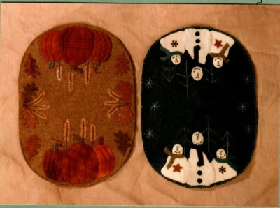Changing Seasons Snowman Pumpkin Wool Tabletop Pattern Primitive Folk Penny Rug - Image 1 of 2