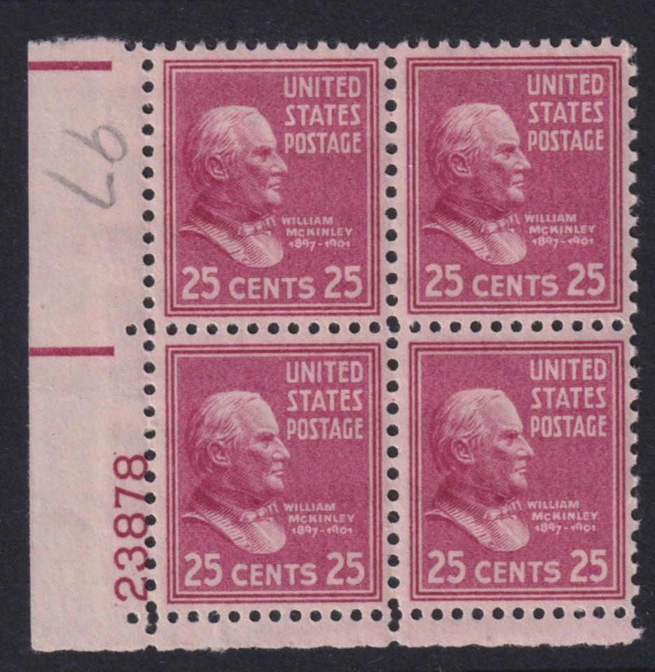 1938 William McKinley 25c lilac PREXY Sc 829 MNH plate block of 4 (Z14 - Image 1 of 1
