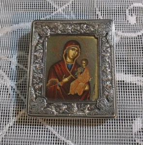 Kleine alte griechisch-orthodoxe Reiseskone Jungfrau Maria Theotokos 6 cm x 5 cm - Bild 1 von 7