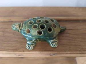 Vintage Studio Art Pottery Handmade Green Turtle Flower Frog 16 Hole Initial "R" - Picture 1 of 7
