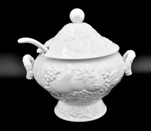 Vintage Soup Tureen,Matching Ladle,White,Raised Fruit Design,Branch Handles,Lid - Picture 1 of 8