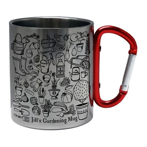 Personalised Black & White Gardening Tools Novelty Steel Mug w/ Carabiner Handle - Picture 1 of 1