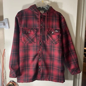 Dickies Hooded Jacket Size S Red Black Buffalo Plaid Fleece Lined Snap Jacket - Picture 1 of 6