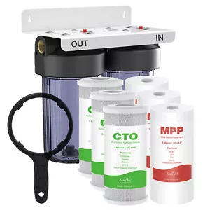 SimPure 10x4.5" 2-Stage Whole House Water Filter System 1" NPT Brass Port PP+CTO - Picture 1 of 14
