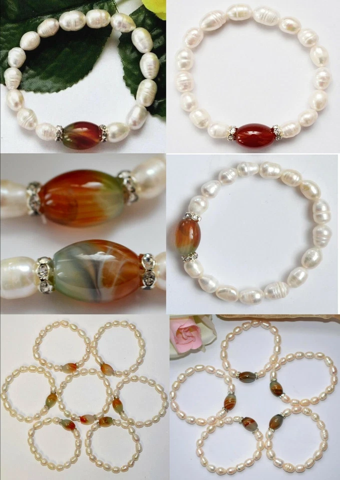 Echte Süßwasser-Natur-Perlen-Armband mit Oval Achat 1 Stück ca.19-20 cm lang Neu - Bild 1 von 1