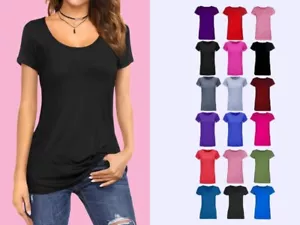 LADIES CAP SHORT SLEEVE ROUND SCOOP NECK PLAIN T-SHIRT FITTED TEE TOP UK 8-26 - Picture 1 of 22