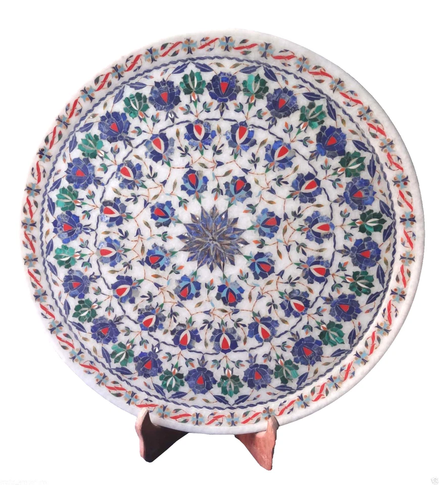 15" Decorative Marble Plate Handmade Pietra Dura Lapis Lazuli Home Decor Gifts — 第 1/4 张图片