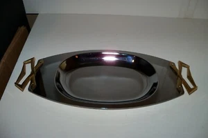 Stainless Steel  Kromex Vintage MCM Serving Tray with Gold Metal Handles, VGC - Picture 1 of 6