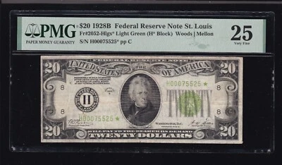 US 1928B $20 FRN St. Louis LGS STAR NOTE* FR 2052-H* PMG 25 (525*) - Image 1 of 2