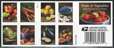 Mint US Fruits and Vegetable Booklet Pane of 20 Forever Stamp Scott# 5493a (MNH) - Image 1 of 2