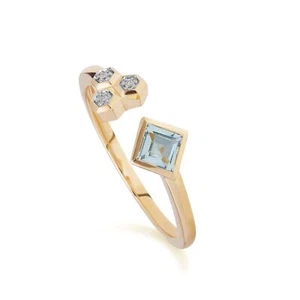 Anillo abierto contemporáneo de topacio azul y diamantes en oro amarillo de 9 quilates - Imagen 1 de 2