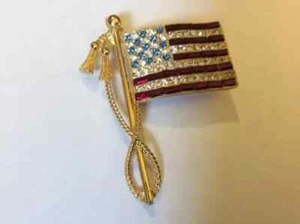 2Ct Lab-Created Red Ruby American Flag Charm Brooch Pin 14K Yellow Gold Plated - Picture 1 of 7