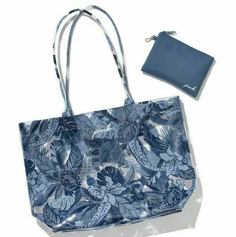 NOVA Bolsa Tote de Praia Victoria's Secret Rosa Transparente Azul Tropical Floral Natação - Imagem 1 de 1