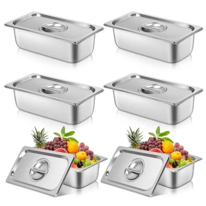 6 Pack Stainless Steam Hotel Pan with Lid, 1/3 Size 4 Inch Deep Steam Table P... - Picture 1 of 7
