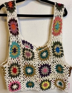 Häkel Granny Square Crop Top Pullover Ärmellos Oberteil Boho Festival MEDIUM - Bild 1 von 2