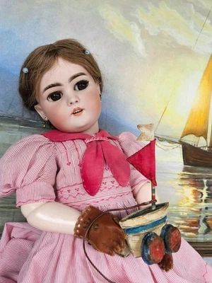 Vestido de marinero hecho a mano y bote de madera para muñeca alemana francesa antigua de 20" Foto 1 de 4