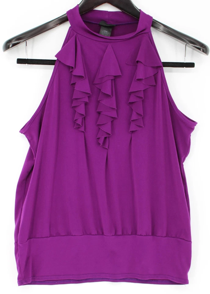 Camisa Rue21 Para Mujer Grande Púrpura Volantes Frontales Sin Mangas Halter Blusa Prenda para el torso Elegante Foto 1 de 4
