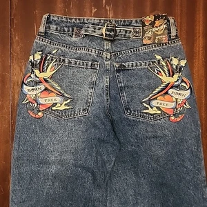 NWT Ed Hardy Y2K Buckle Back Denim Jeans Size 26 Wide Leg Baggy JNCO Born Free - Picture 1 of 11