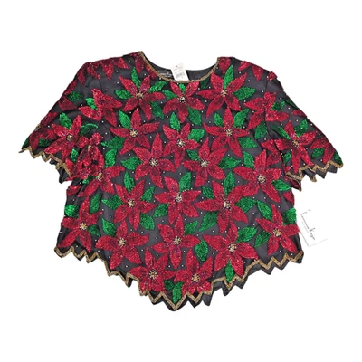 Top de vacaciones Laurence Kazar de seda con cuentas lentejuelas de pascua para mujer 3X nuevo con defectos Foto 1 de 4