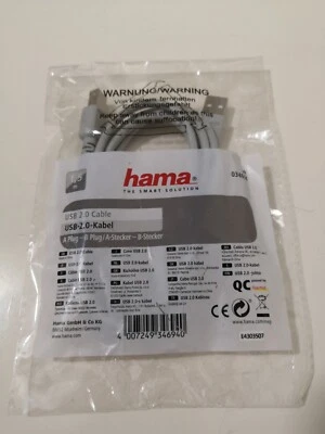 Hama USB-Kabel 2.0 Geschirmt 1,5m USB-B/USB-A m/m Grau Neu - Bild 1 von 2