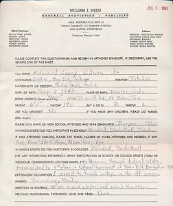 EDWARD WILSON 1961 FIRMATO STAMPATO QUESTIONARIO BASEBALL PRE MLB 71117 - Foto 1 di 2